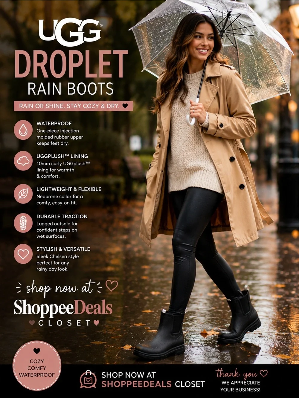 UGG Droplet Waterproof Rain Boots – Black – Women’s US 8 / EU 39